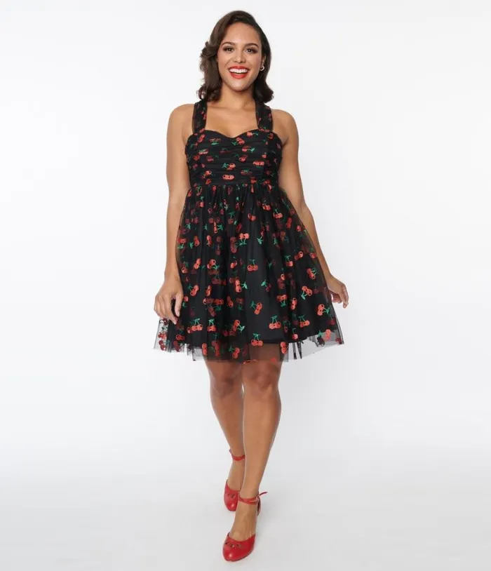 Black and Glitter Cherry Print Heart and Soul Babydoll Dress DressesPlus Unique Vintage Babydoll