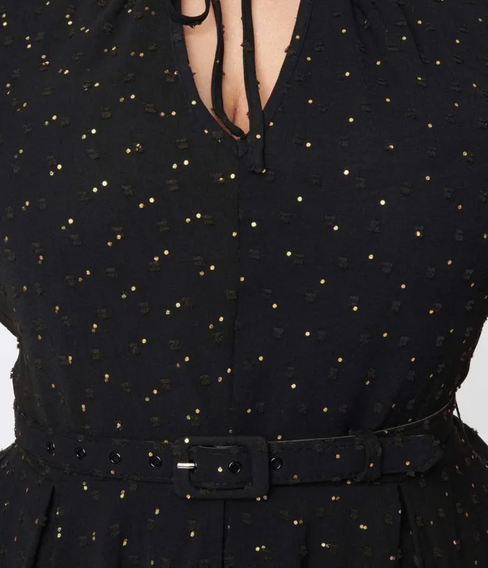 Black and Gold Clip Dot Dahlia Swing Dress DressesPlus Unique Vintage Pocket Dresses