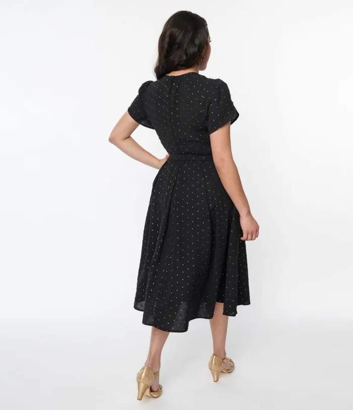 Black and Gold Clip Dot Dahlia Swing Dress DressesPlus Unique Vintage Pocket Dresses
