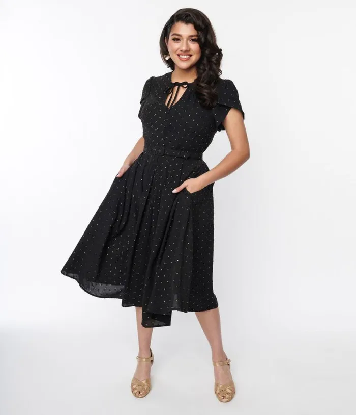 Black and Gold Clip Dot Dahlia Swing Dress DressesPlus Unique Vintage Pocket Dresses