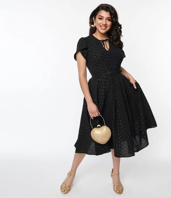 Black and Gold Clip Dot Dahlia Swing Dress DressesPlus Unique Vintage Pocket Dresses