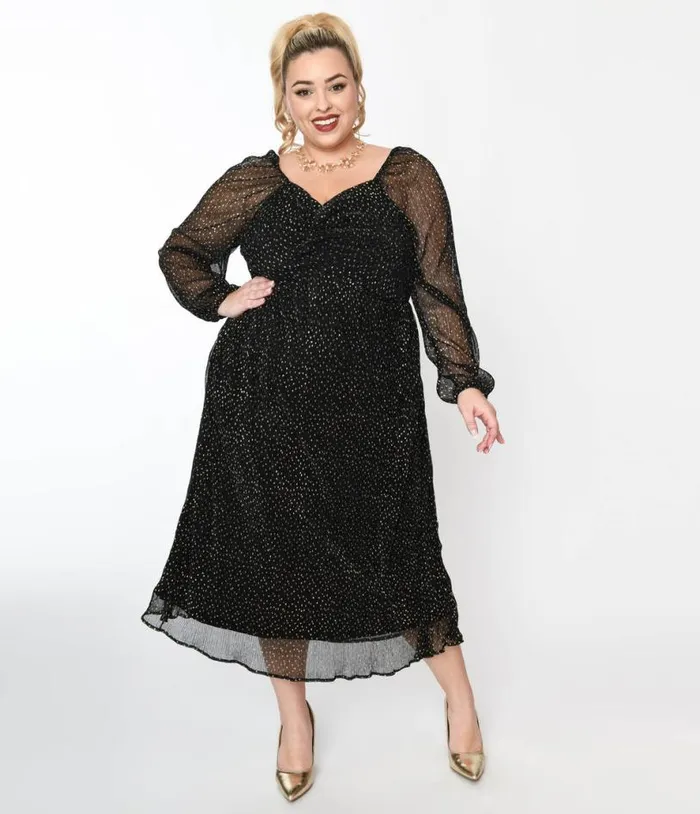 Black and Gold Foil Pin Dot Pleated Midi Dress DressesPlus Unique Vintage Midi and Maxi Black and Gold Foil Pin Dot Pleated Midi Dress DressesPlus Unique Vintage Midi and Maxi