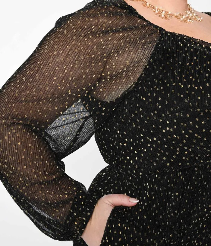 Black and Gold Foil Pin Dot Pleated Midi Dress DressesPlus Unique Vintage Midi and Maxi