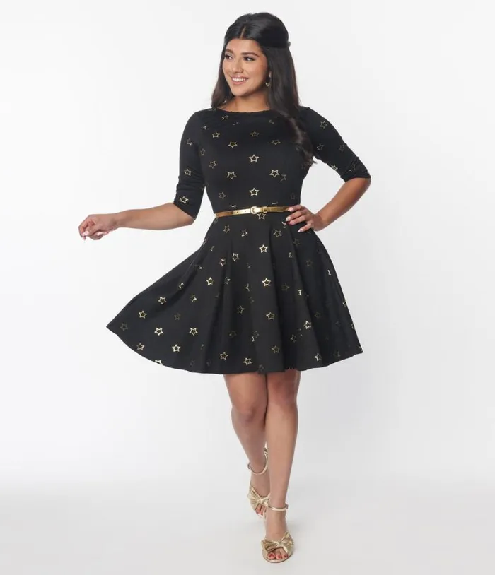 Black and Gold Star Fit and Flare Dress DressesPlus Unique Vintage Fit and Flare Black and Gold Star Fit and Flare Dress DressesPlus Unique Vintage Fit and Flare