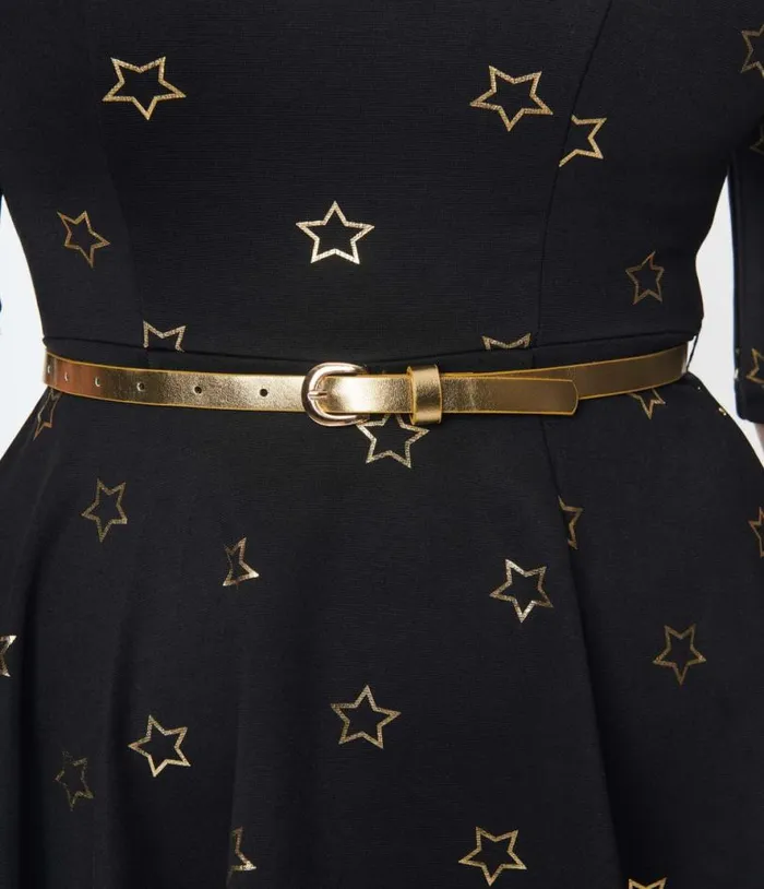 Black and Gold Star Fit and Flare Dress DressesPlus Unique Vintage Fit and Flare