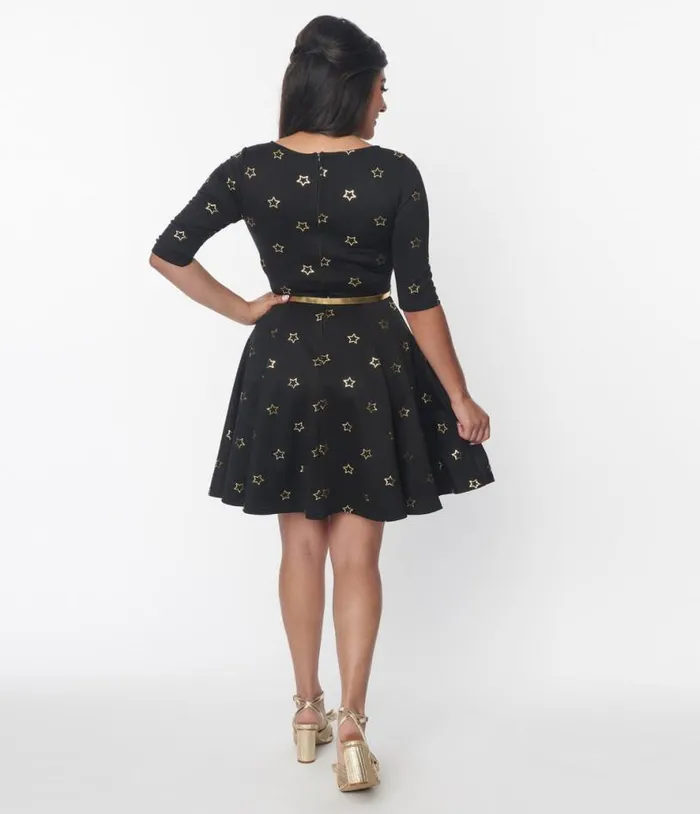 Black and Gold Star Fit and Flare Dress DressesPlus Unique Vintage Fit and Flare