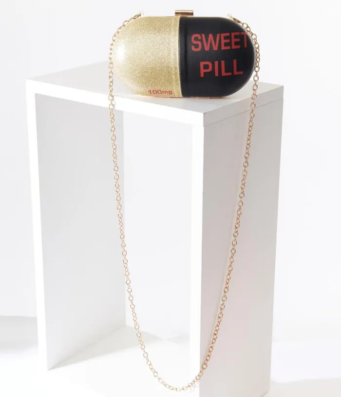 Black and Gold Sweet Pill Handbag Accessories Unique Vintage Novelty Bags