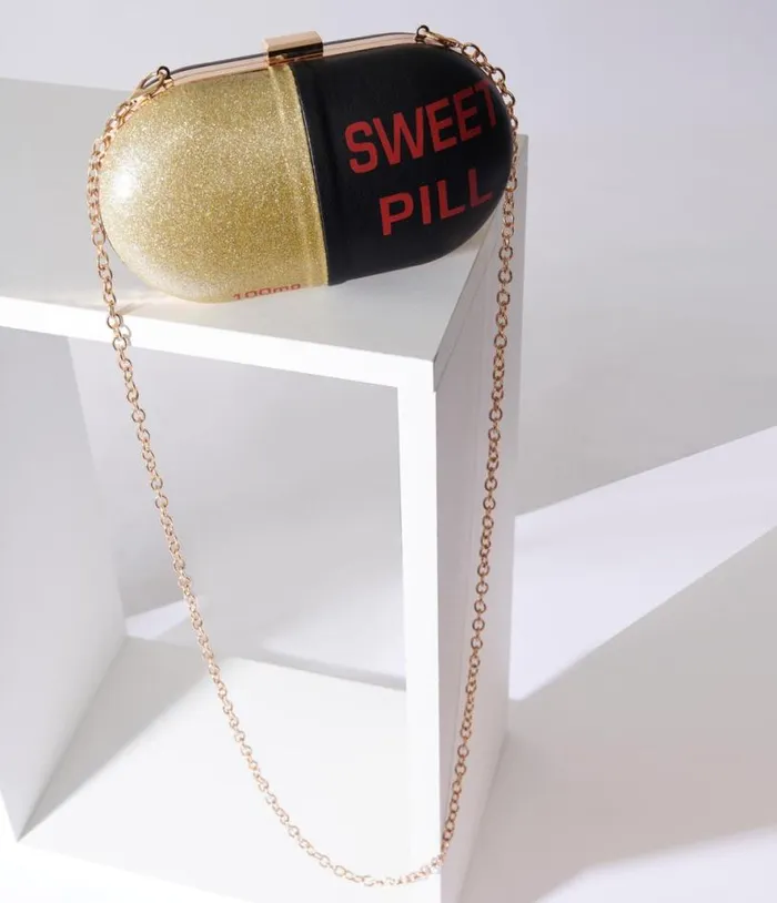 Black and Gold Sweet Pill Handbag Accessories Unique Vintage Novelty Bags
