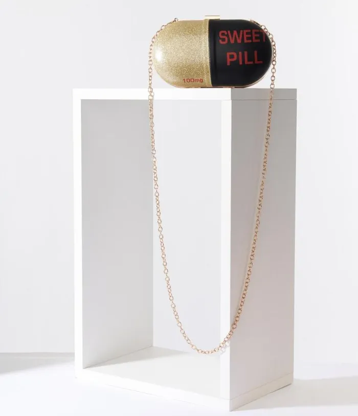 Black and Gold Sweet Pill Handbag Accessories Unique Vintage Novelty Bags