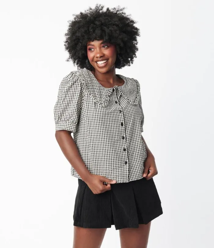 Black and Ivory Gingham Tallulah Blouse Clothing Unique Vintage Blouses