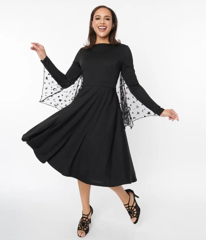 Black and Mesh Bat Swing Dress DressesHalloweenPlus Unique Vintage Dresses