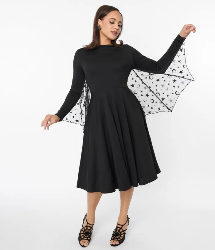 Black and Mesh Bat Swing Dress DressesHalloweenPlus Unique Vintage Dresses