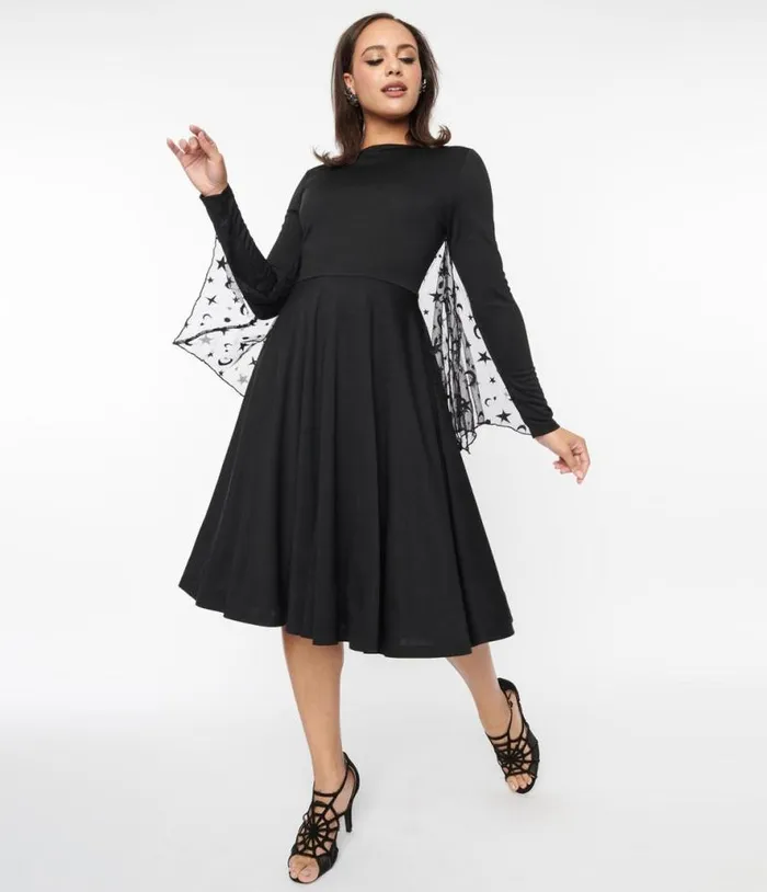 Black and Mesh Bat Swing Dress DressesHalloweenPlus Unique Vintage Dresses