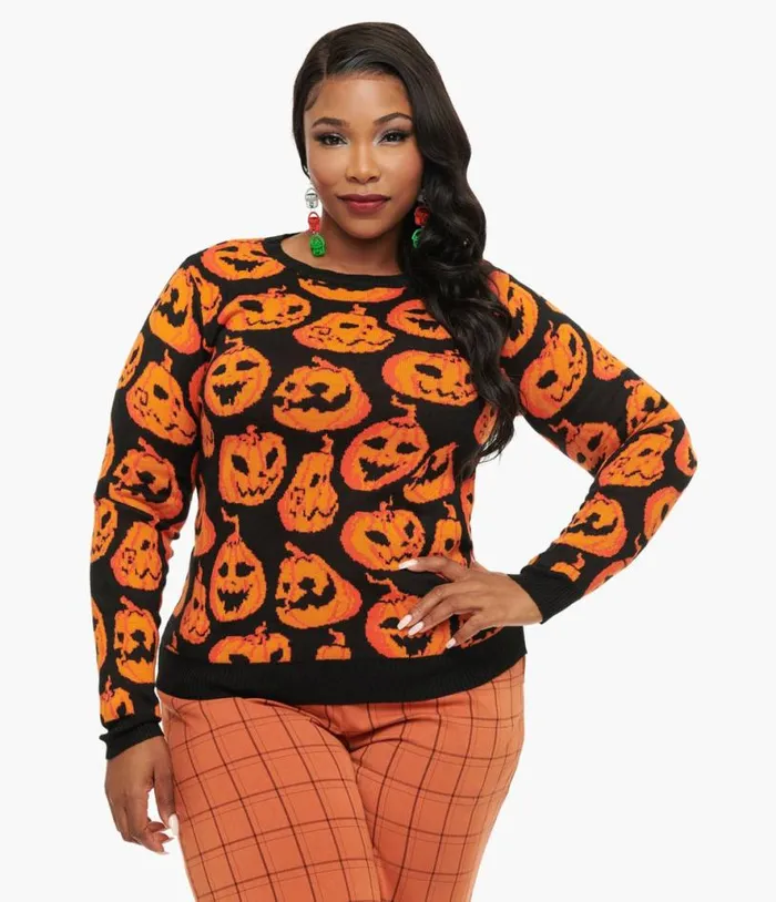 Black and Orange Pumpkin Print Knit Sweater ClothingHalloweenPlus Unique Vintage Sweaters and Cardigans Black and Orange Pumpkin Print Knit Sweater ClothingHalloweenPlus Unique Vintage Sweaters and Cardigans