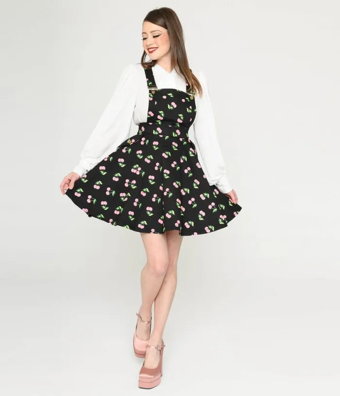 Black and Pink Cherries Brionne Pinafore Skirt DressesClothing Unique Vintage Pocket Dresses Black and Pink Cherries Brionne Pinafore Skirt DressesClothing Unique Vintage Pocket Dresses