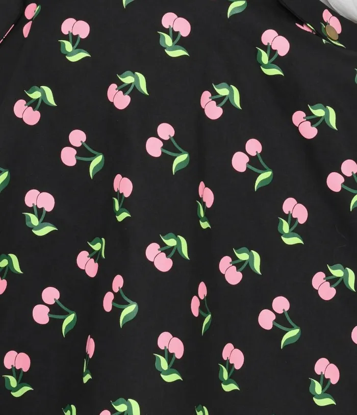 Black and Pink Cherries Brionne Pinafore Skirt DressesClothing Unique Vintage Pocket Dresses