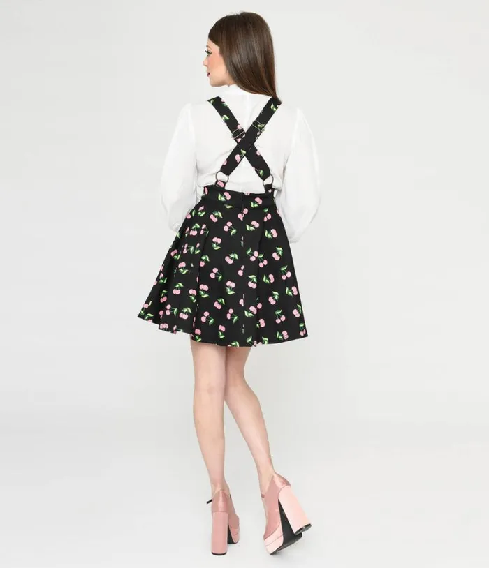Black and Pink Cherries Brionne Pinafore Skirt DressesClothing Unique Vintage Pocket Dresses