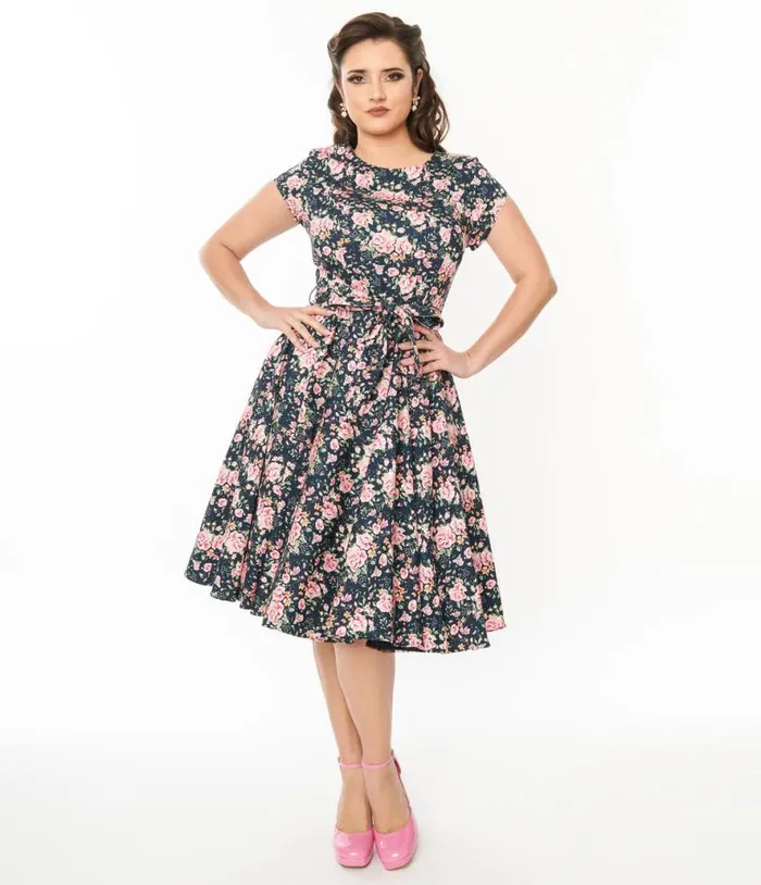 Black and Pink Floral Cleo Swing Dress Dresses Unique Vintage Pocket Dresses
