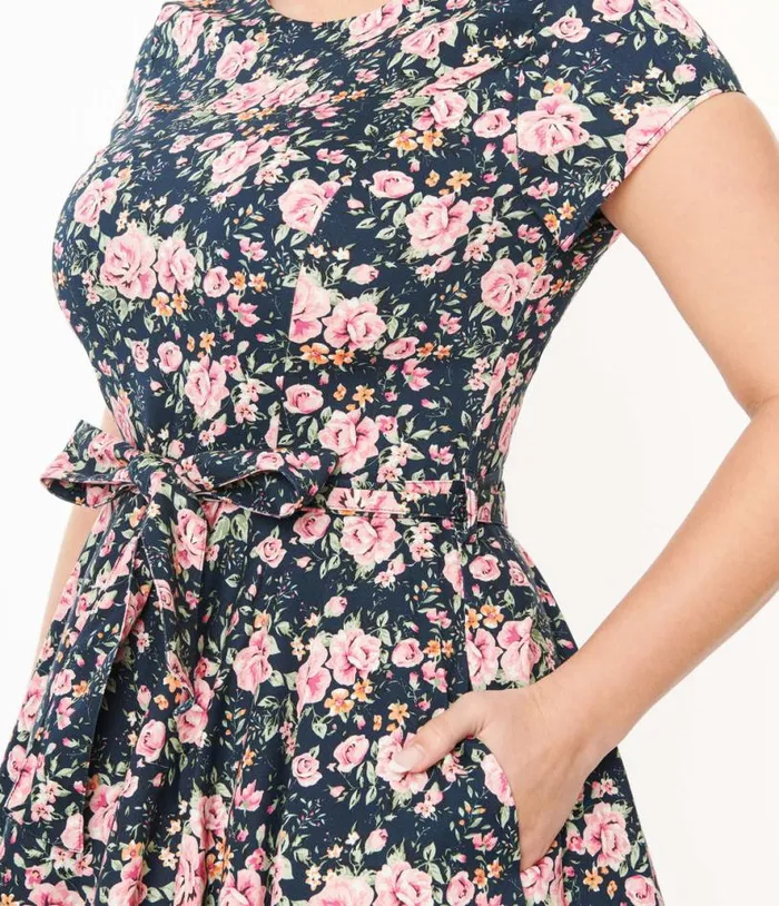 Black and Pink Floral Cleo Swing Dress Dresses Unique Vintage Pocket Dresses