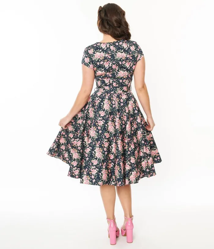 Black and Pink Floral Cleo Swing Dress Dresses Unique Vintage Pocket Dresses
