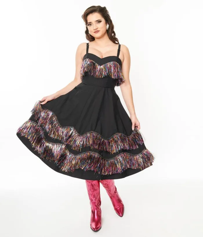 Black and Rainbow Fringe Girlie Swing Dress Dresses Unique Vintage Swing