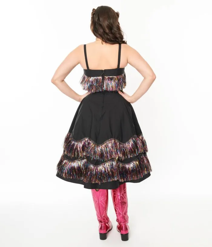 Black and Rainbow Fringe Girlie Swing Dress Dresses Unique Vintage Swing