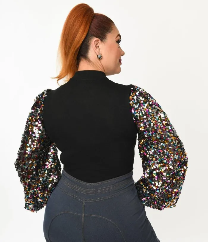 Black and Rainbow Sequin Sleeved Top Clothing Unique Vintage Blouses