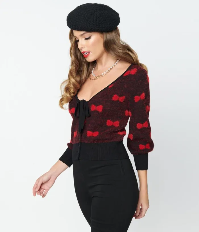 Black and Red Bows Dandy Cardigan Clothing Unique Vintage Sweaters and Cardigans