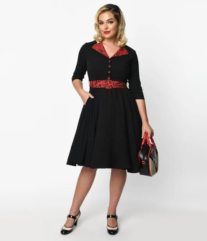 Black and Red Leopard Accent Lynette Swing Dress Dresses Unique Vintage Pocket Dresses Black and Red Leopard Accent Lynette Swing Dress Dresses Unique Vintage Pocket Dresses