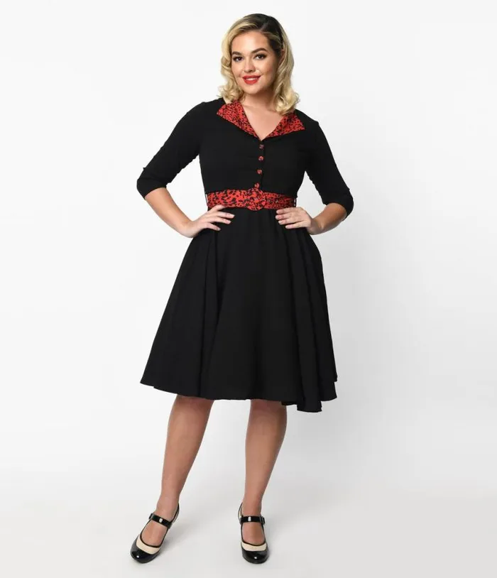 Black and Red Leopard Accent Lynette Swing Dress Dresses Unique Vintage Pocket Dresses
