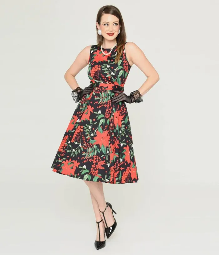 Black and Red Poinsettia Swing Dress DressesPlus Unique Vintage Pocket Dresses Black and Red Poinsettia Swing Dress DressesPlus Unique Vintage Pocket Dresses