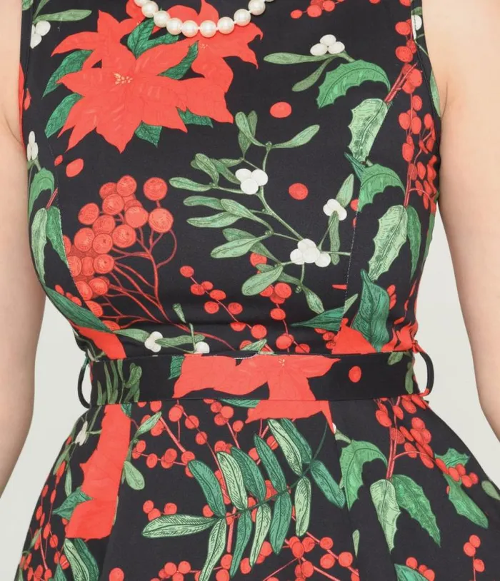 Black and Red Poinsettia Swing Dress DressesPlus Unique Vintage Pocket Dresses