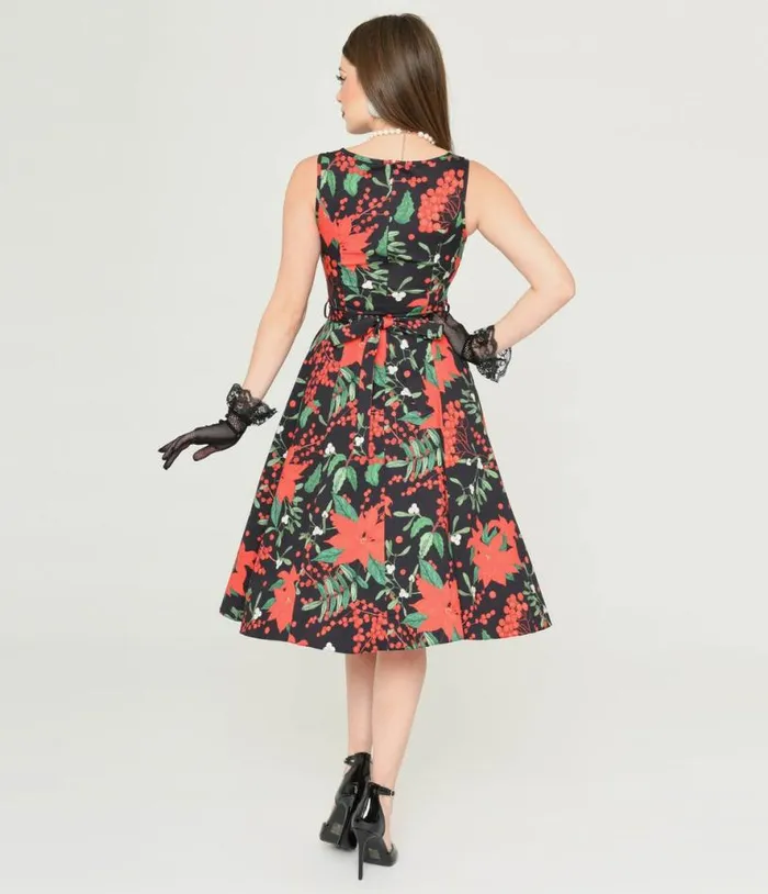 Black and Red Poinsettia Swing Dress DressesPlus Unique Vintage Pocket Dresses