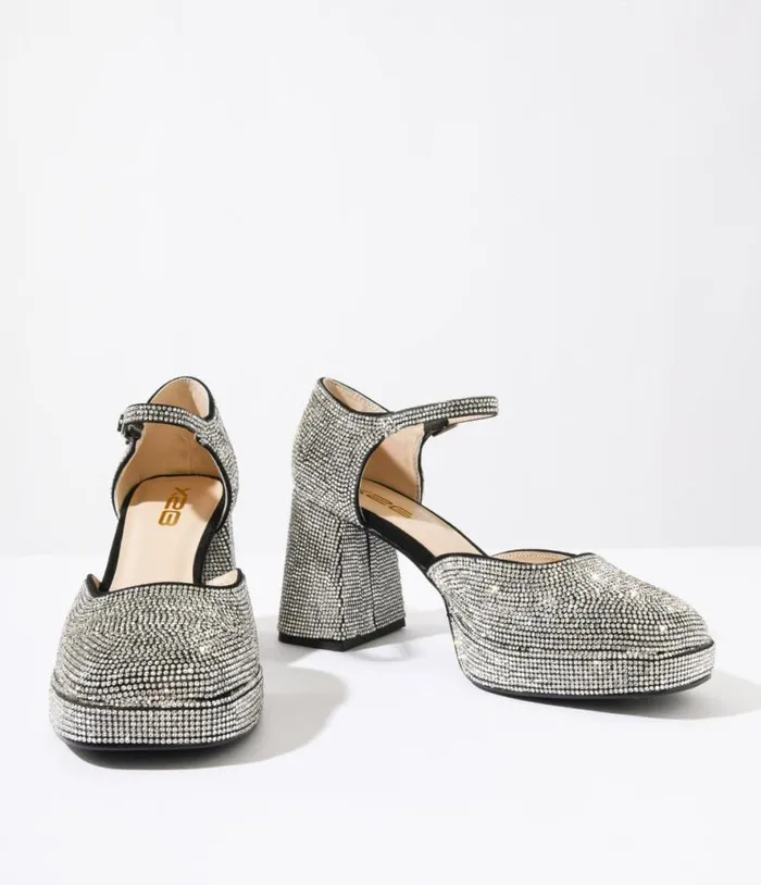 Black and Silver Rhinestone Mary Jane Heels Shoes Unique Vintage Heels