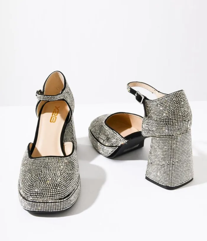 Black and Silver Rhinestone Mary Jane Heels Shoes Unique Vintage Heels