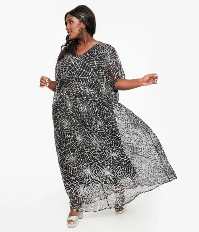 Black and Silver Sequin Spider Web Burton Caftan Dress DressesHalloweenPlus Unique Vintage Midi and Maxi Black and Silver Sequin Spider Web Burton Caftan Dress DressesHalloweenPlus Unique Vintage Midi and Maxi