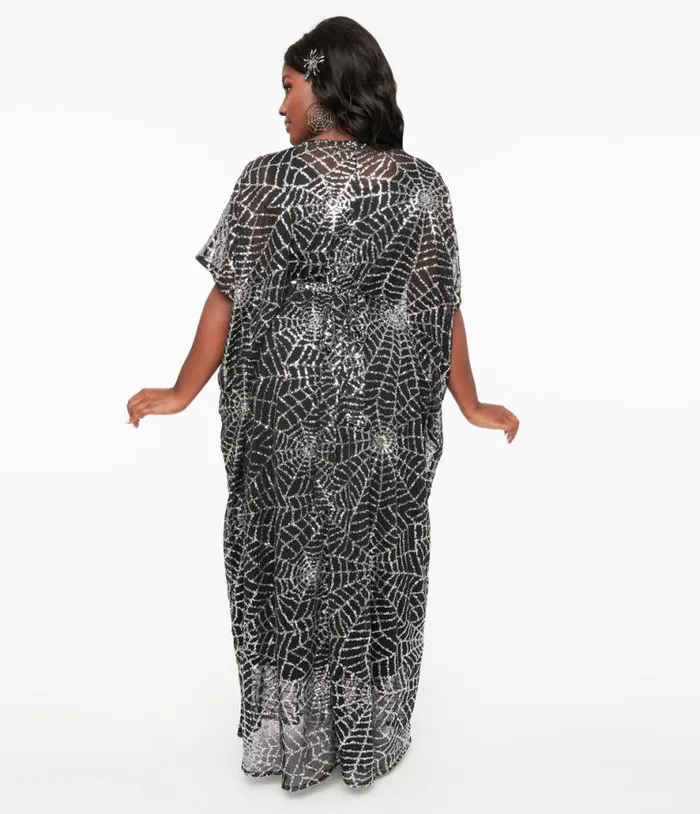 Black and Silver Sequin Spider Web Burton Caftan Dress DressesHalloweenPlus Unique Vintage Midi and Maxi