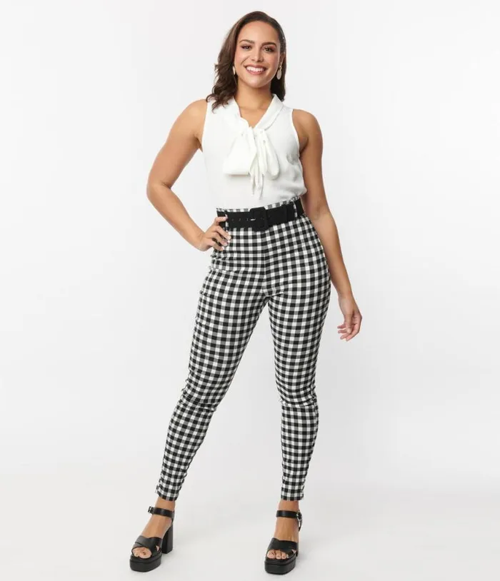 Black and White Gingham Belted Rizzo Pants Clothing Unique Vintage Pants