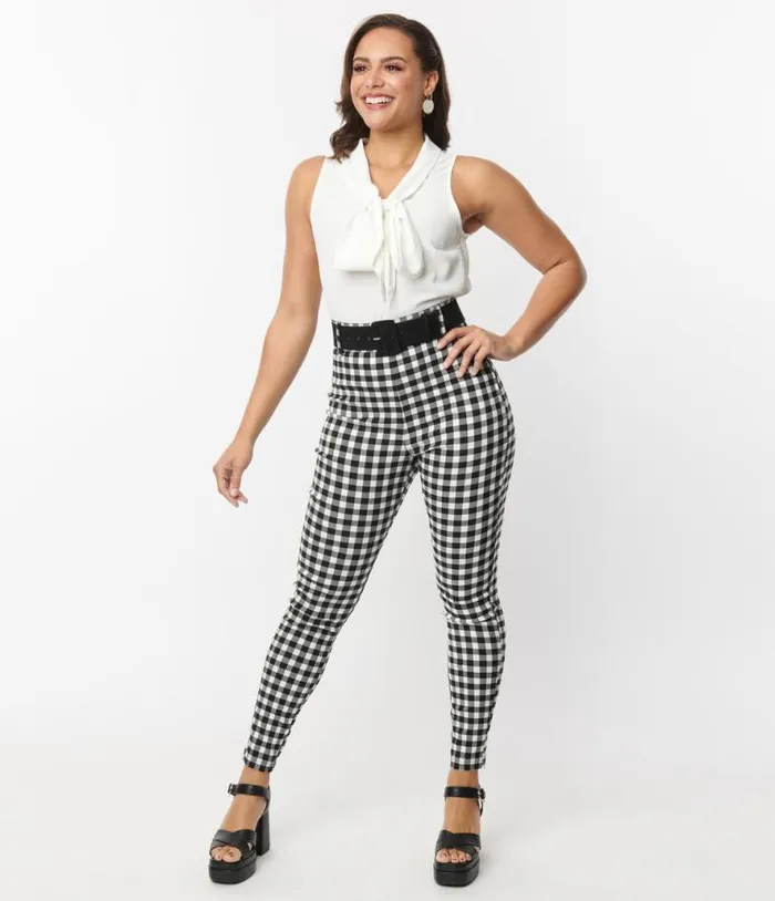 Black and White Gingham Belted Rizzo Pants Clothing Unique Vintage Pants