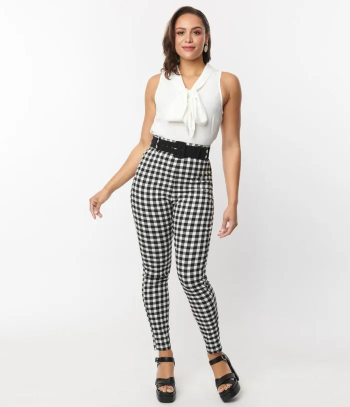 Black and White Gingham Belted Rizzo Pants Clothing Unique Vintage Pants
