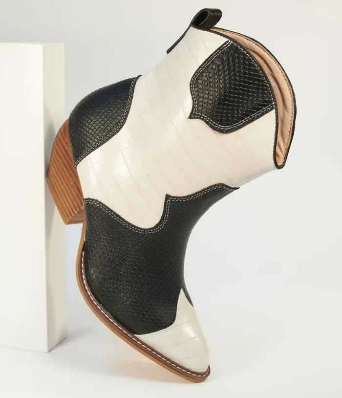 Black and White Leatherette Cowboy Boots Shoes Unique Vintage Boots