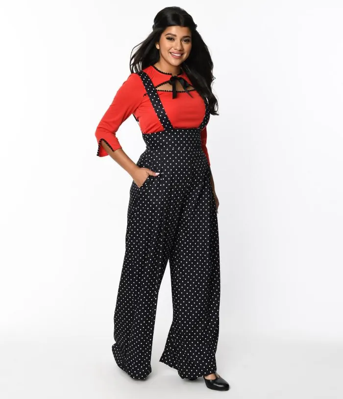 Black and White Pin Dot Rochelle Suspender Pants Clothing Unique Vintage Pants
