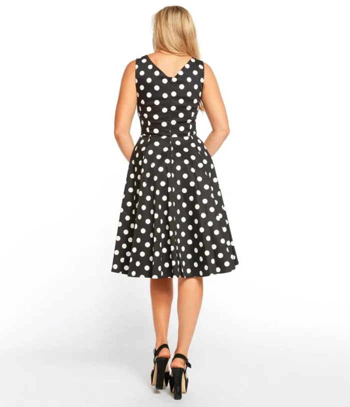 Black and White Polka Dot Sleeveless Swing Dress DressesPlus Unique Vintage Pocket Dresses