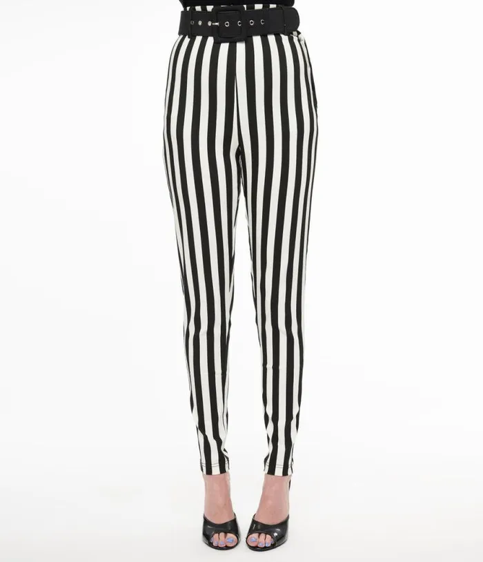 Black and White Stripe Belted Rizzo Cigarette Pants Clothing Unique Vintage Pants