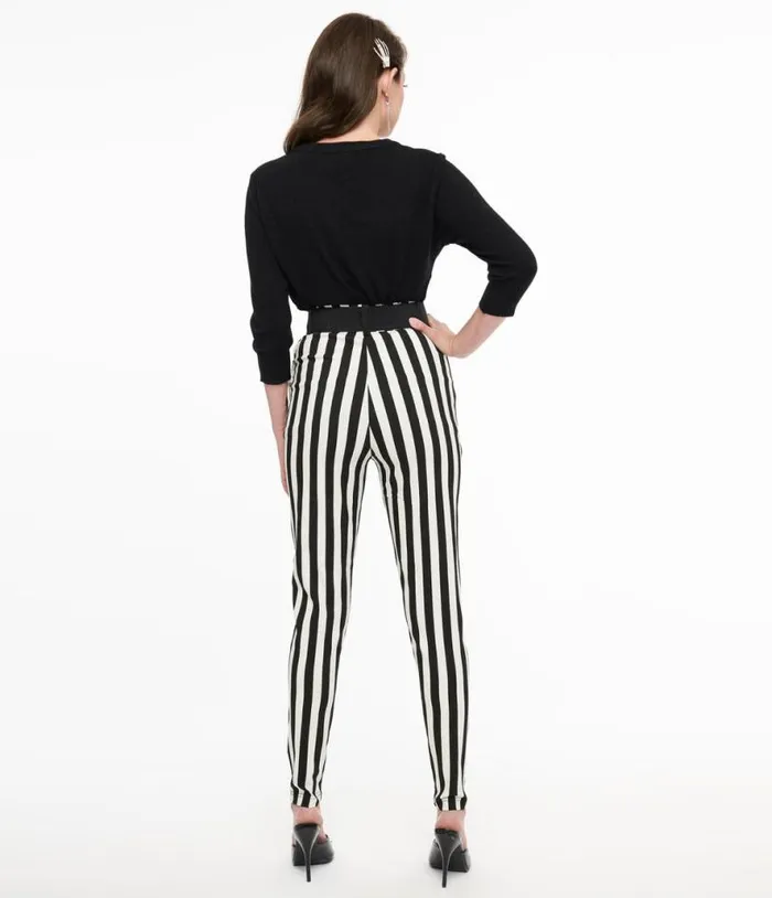 Black and White Stripe Belted Rizzo Cigarette Pants Clothing Unique Vintage Pants