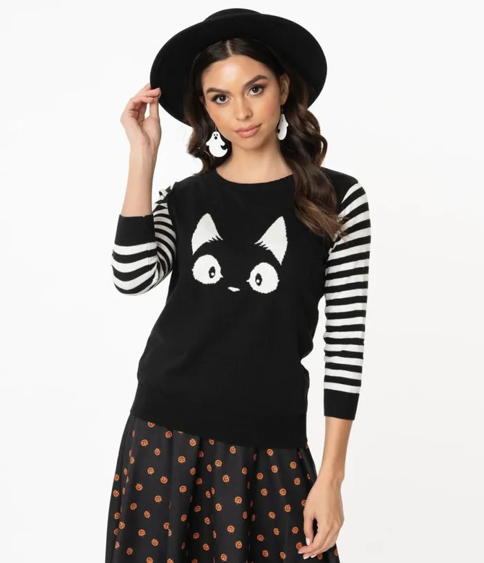 Black and White Stripe Knit Kitty Sweater ClothingHalloween Unique Vintage Sweaters and Cardigans