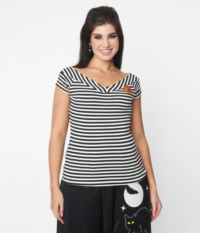 Black and White Stripe Pumpkin Brooch Deena Top Halloween Unique Vintage Tops