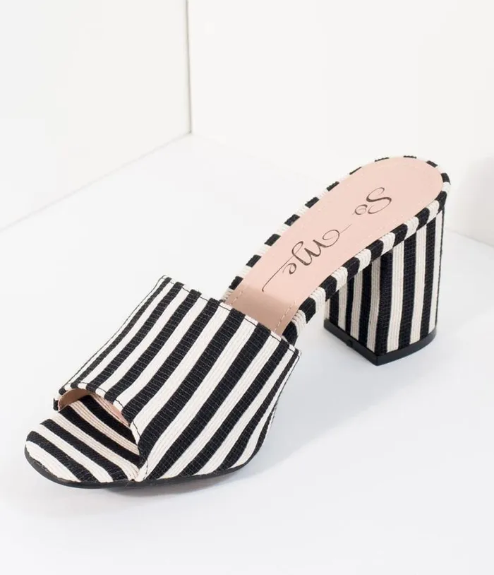 Black and White Stripe Woven Peep Toe Mule Heels HalloweenShoes Unique Vintage Heels