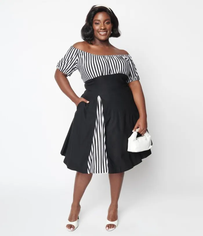 Black and White Striped Swing Dress DressesPlus Unique Vintage Pocket Dresses