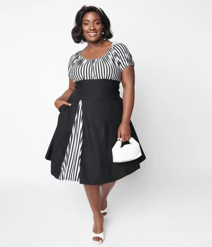 Black and White Striped Swing Dress DressesPlus Unique Vintage Pocket Dresses